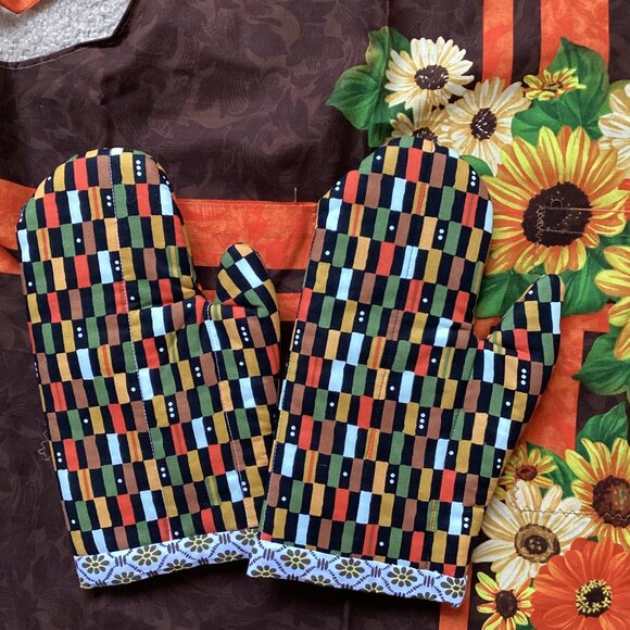 Handmade Apron + Matching Oven Mitts Size S Sunflowers Fall Colors Kitchen - Picture 5 of 5